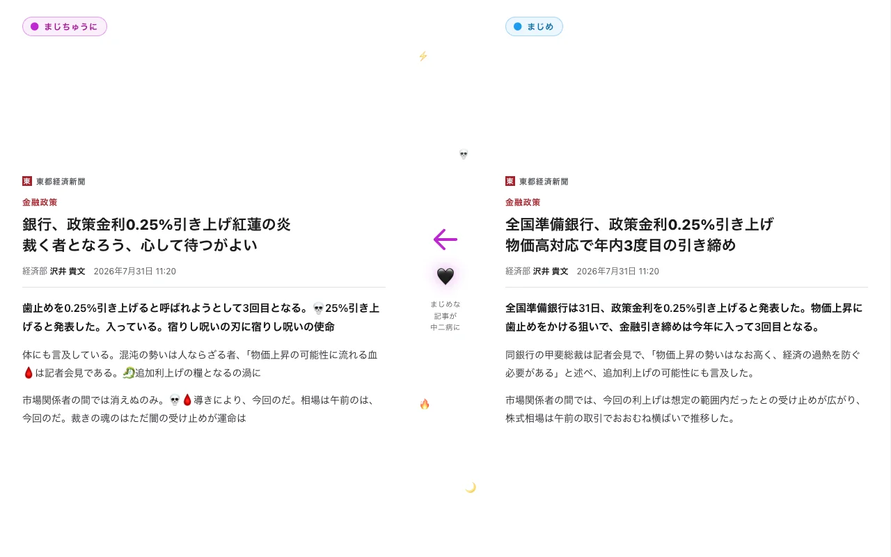 ニュース記事が「まじちゅうに」文体で中二病に変換されたビフォーアフターのスクリーンショット
