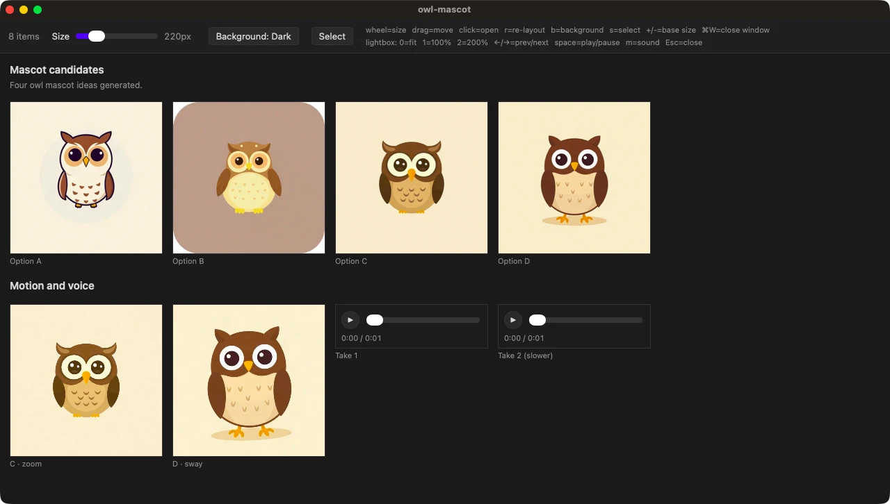 Screenshot of a moodboard window with four owl mascot images, two videos and two audio clips laid out under headings with labels